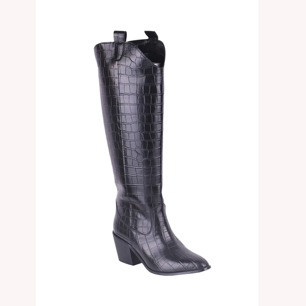 Crocodile Boots Women 2024 Autumn/Winter New Fashionable Knee High Heels Thick Heels Dress Party Women's Boots