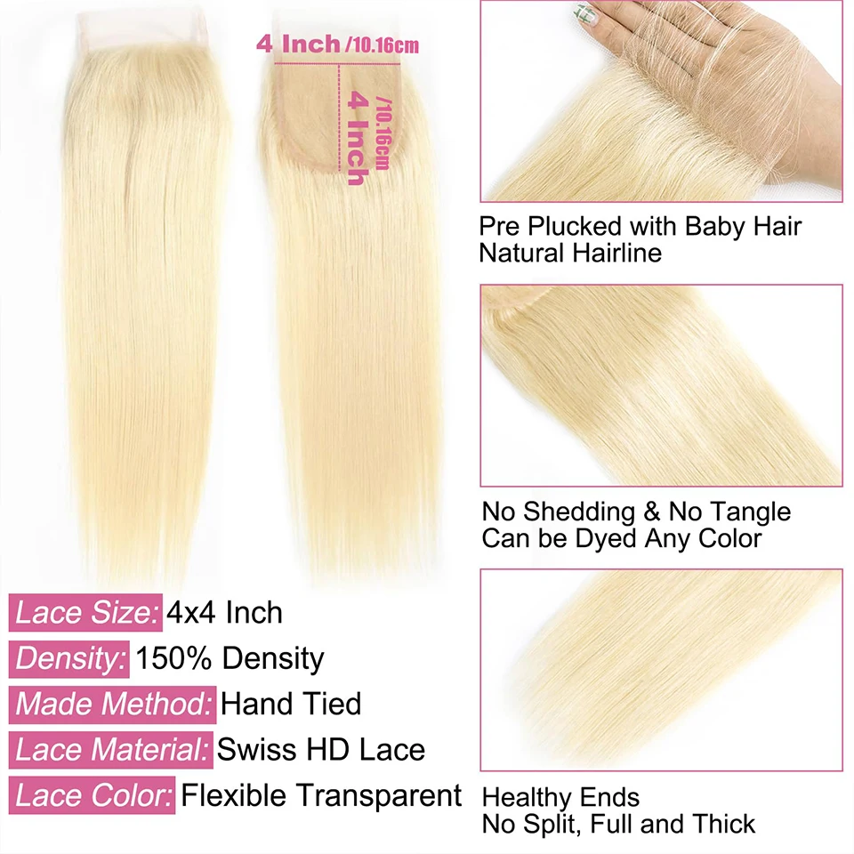 #613 Honey Blonde Color Straight 4x4 Transparent Lace Closure Remy Human Hair Pre Plucked Free Middle Three Part Send Randomly
