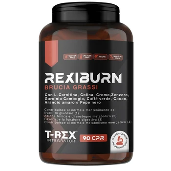 REXIBURN Potente Brucia Grassi Naturale. Effetto dimagrante, termogenico e anti fame | A base di L-Carnitina, Zenzero, Piperina, Glucomannano, Garcinia Cambogia e Caffè Verde | 90 compresse