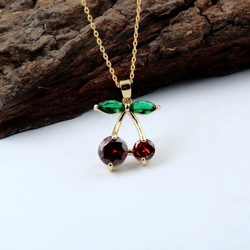 Cherry Pendant Necklace With Red Zircon And Elegant Korean Style_voghion.com