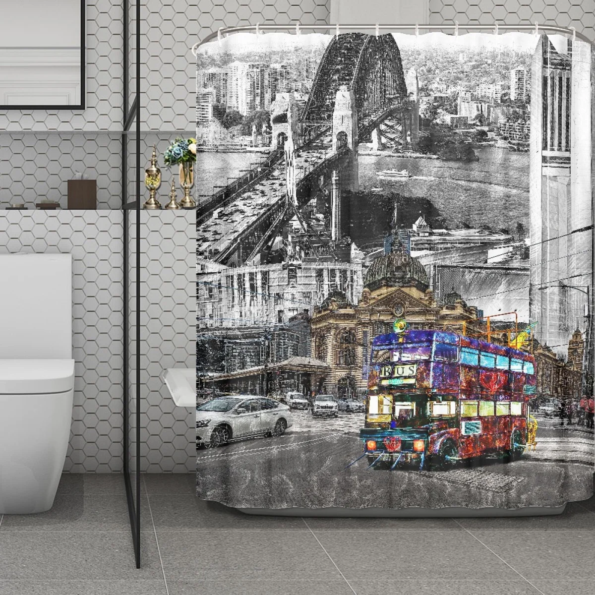

Polyester Fabric Bathroom Waterproof Shower Curtain Custom Famous Sights In Australia/Sweden/Germany Pattern Shower Curtain