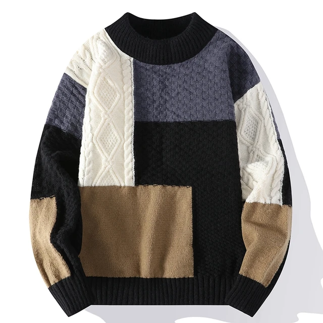 Patchwork knitted sweater for cold season