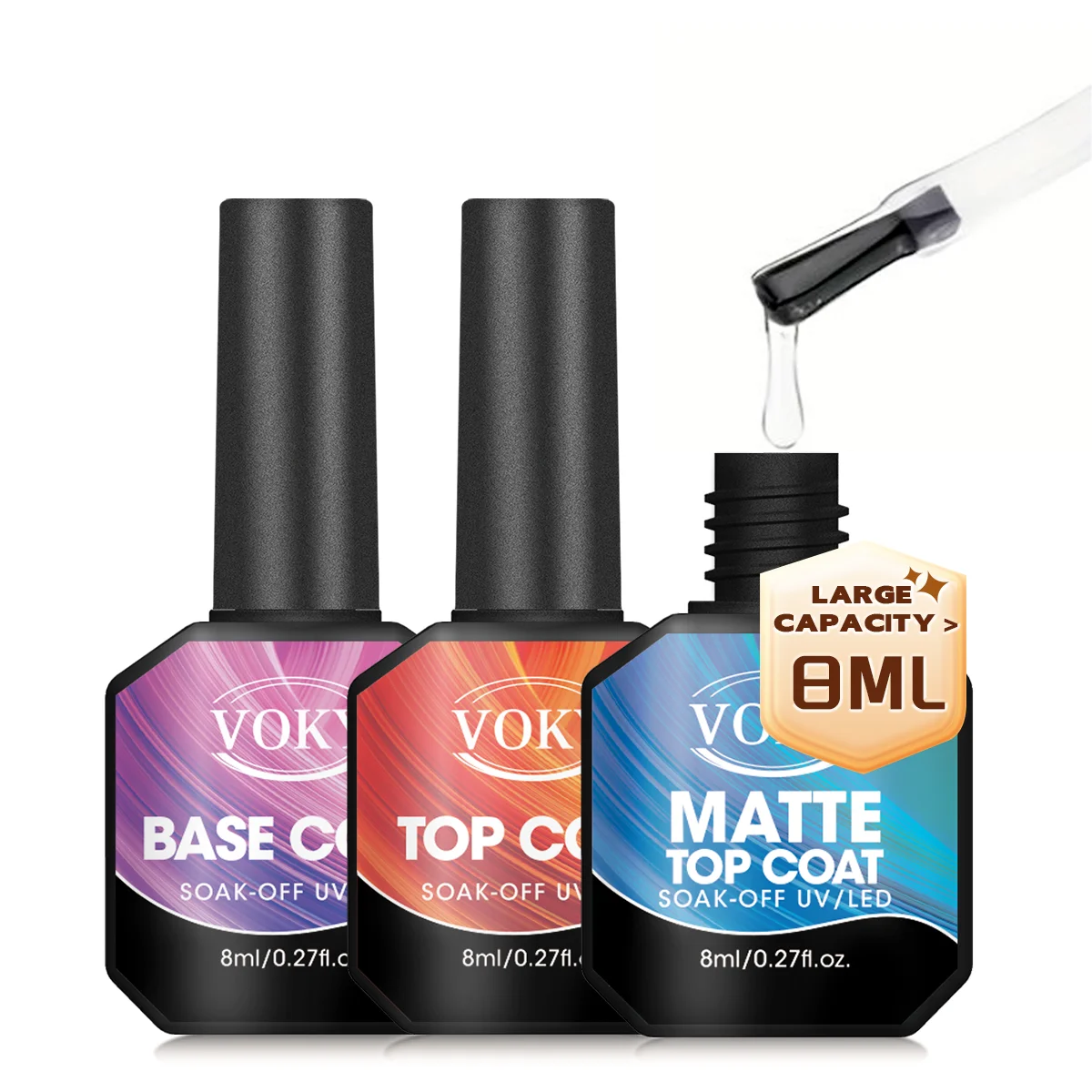 TOP COAT+MATTE TOP COAT+BASE COAT set, 3 8Ml gloss matte no wipe combination for Uv/Led light curing suitable for DIY at home