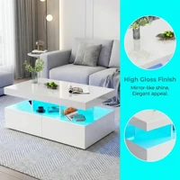Table basse rectangulaire à deux tiroirs, haute brillance, éclairage LED, style européen, multifonctionnelle, pour salon, blanche 3