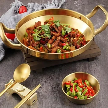 Stainless Steel Paella Pan Korean Frying Pan Cooking Pot Seafood Rice Pans Non Stick Skille with Gold Handlet Kitchen Cookware