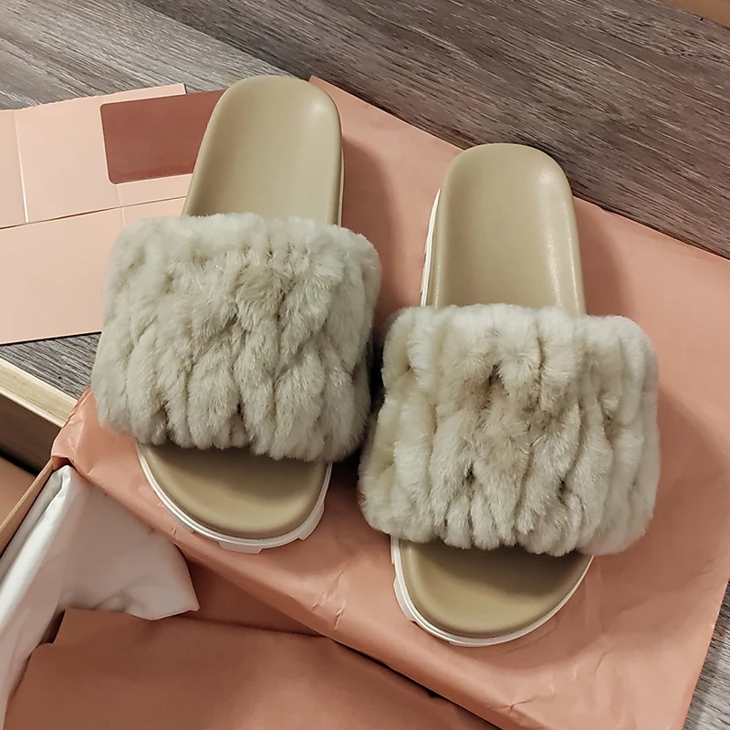 

High-Quality Fluffy Slippers for Women Fur Cross Indoor Slides 2023 Summer Autumn New Wool Slipper with Box