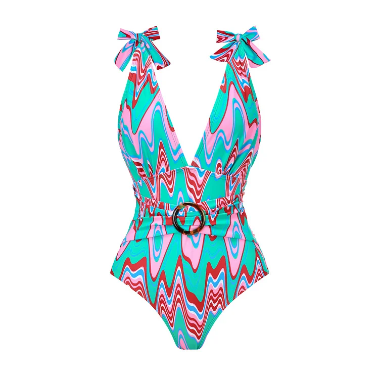 2024 Women Swimsuit and Sarong Green Ripple Print Acrylic Ring One Piece Swimwear Set Women Beachwear Luxury Bathing Suit bikini