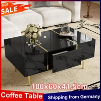 Anajqaqia Table basse moderne 100x60x41,5 cm, avec 2 tiroirs, noir haute brillance, table d'appoint avec pieds dorés et décoration dorée 1