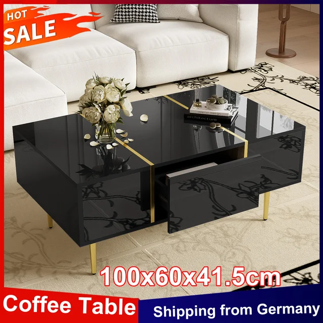 Anajqaqia Table basse moderne 100x60x41,5 cm, avec 2 tiroirs, noir haute brillance, table d'appoint avec pieds dorés et décoration dorée 1