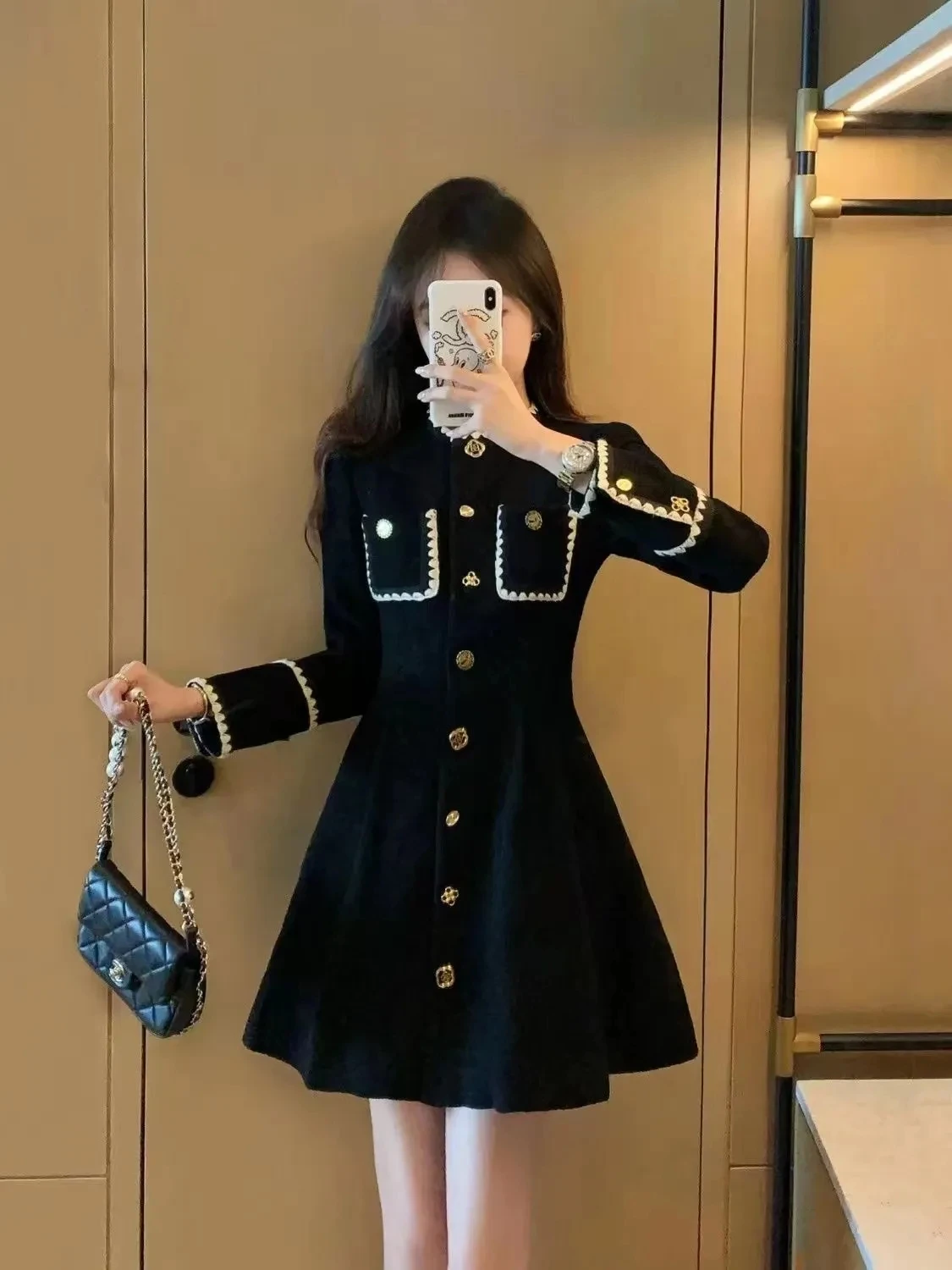 

Women's Spring Autumn New Black Long sleeved Single Breasted A-Line Fragrant Dress