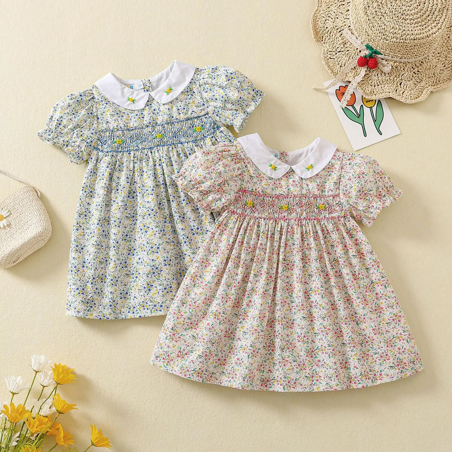 

Boutique Ruffle Skirt Tatting Linen Cute Petticoat Baby Girl Clothes Smock Dress Sleeveless Flower Embroidery Princess Bow Suit