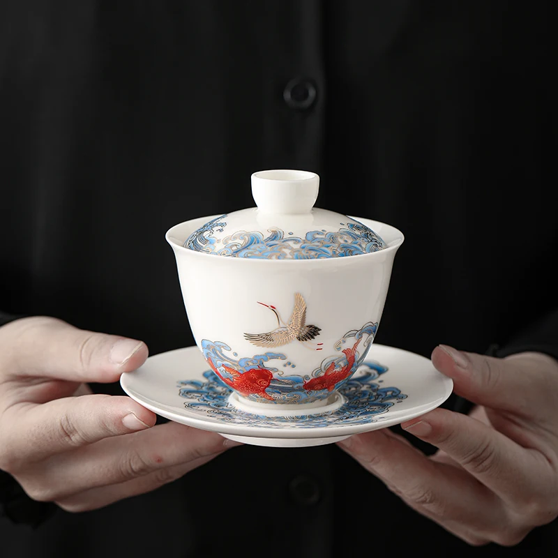 Suet jade crane Chinese ceramic gaiwan tea tureen cloud teaware cup Chinese fish tea bowls vintage chawan ceramony set