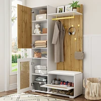 Comanlai Ensemble de garde-robe avec miroir, 6 patères dorés, armoire à chaussures, porte-manteau mural, rangement supérieur, banc, éclairage LED 16 couleurs 2