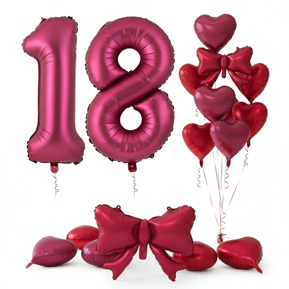 40 Zoll Weinrote Große Burgunderrote Zahlenballons Matte Mylar Herz Schleife Ballons Mädchen Coquette Geburtstagsfeier Valentinstag Dekoration
