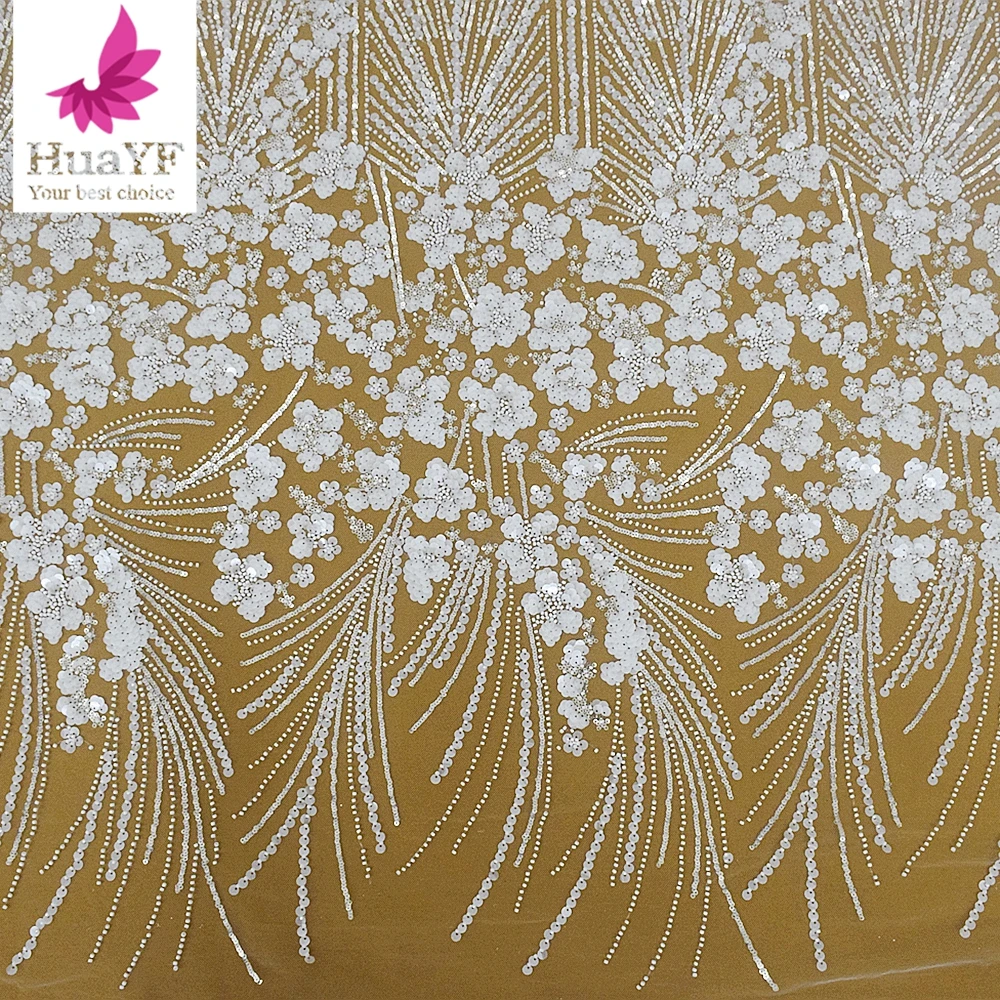 Elegant Pure White French Bridal Beaded Fabrics With Sequins Tulle Lace