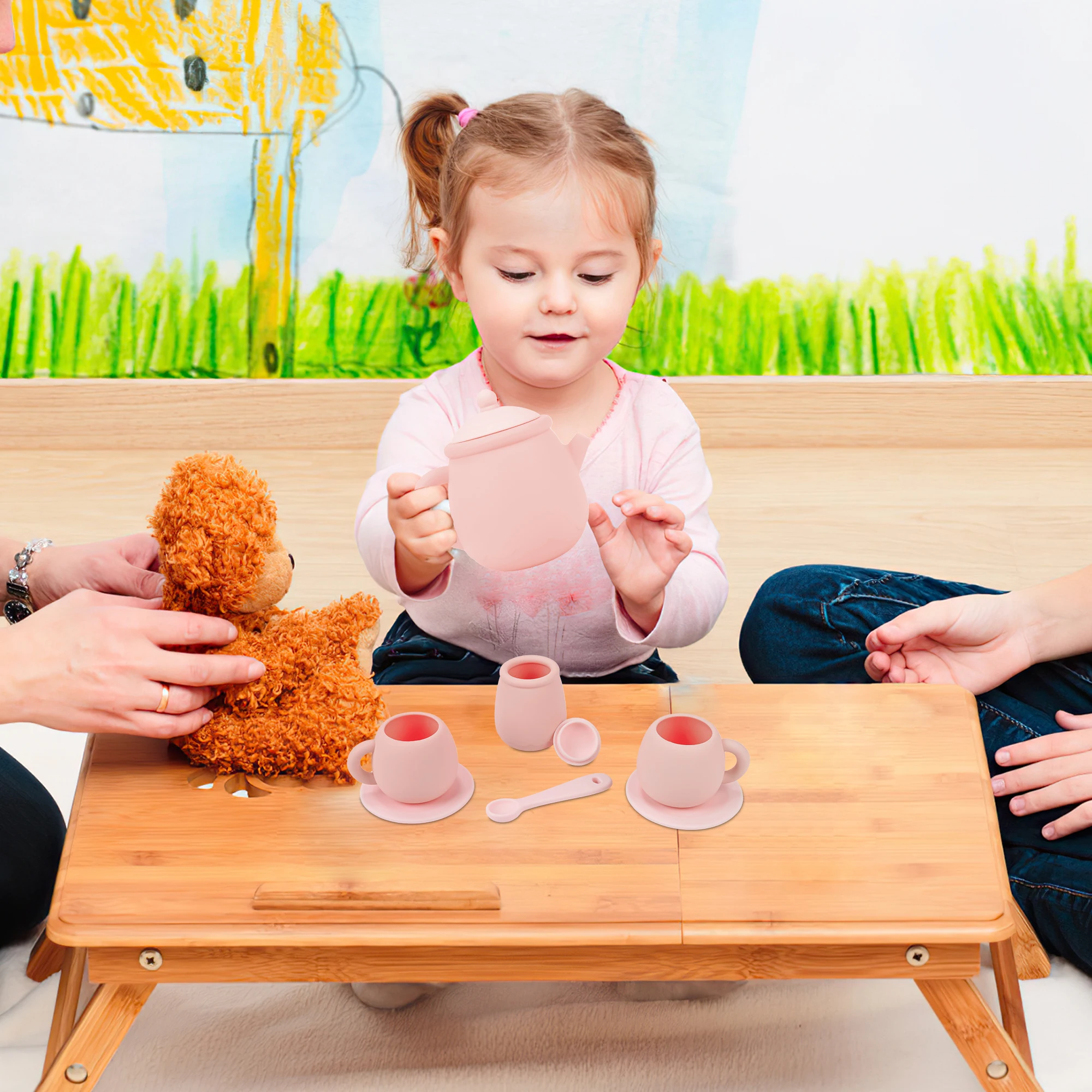 Wooden Tea Set Toy Tea Set Toy 5PCS/1Set Silicone Toddler Toys Teacup Toys Set For Little Girls Boys Silicone BPA Free Tea Set For Kids Tea Time
