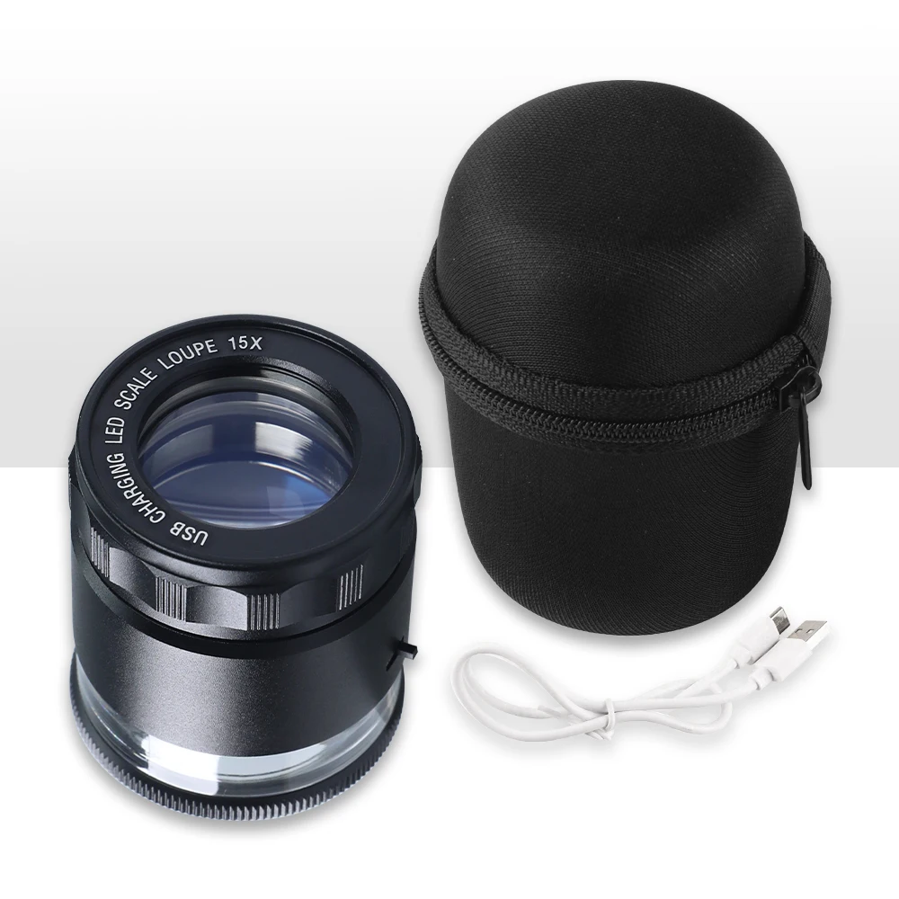 15배율 충전식 LED 광학 확대경, 6개 LED 조명이 있는 20mm 스케일 차트가 있는 보석 감정가, 수집가용 도구