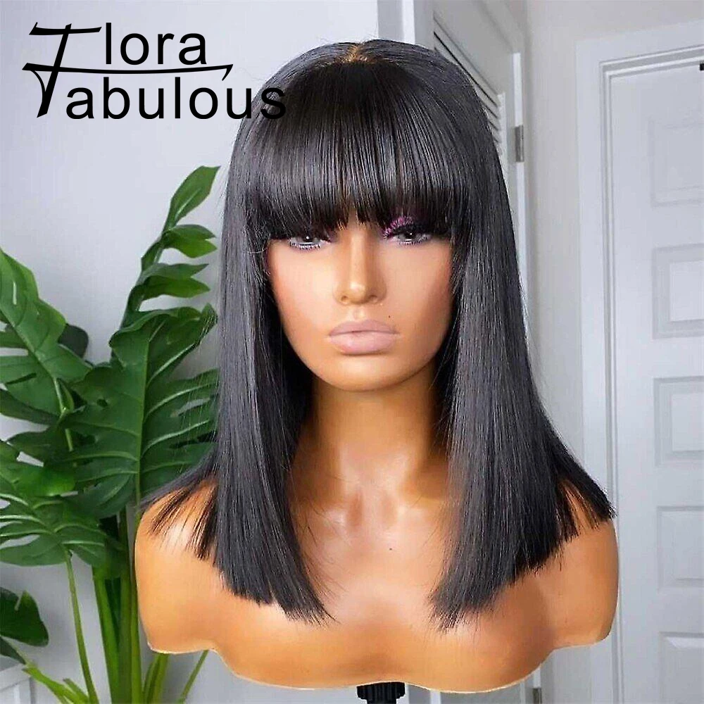 

Short Bob Straight Human Hair Wigs With Bangs 180 % Density Machine Made Fake Scalp Lace Top Brazilian Human Hair Wigs for Women