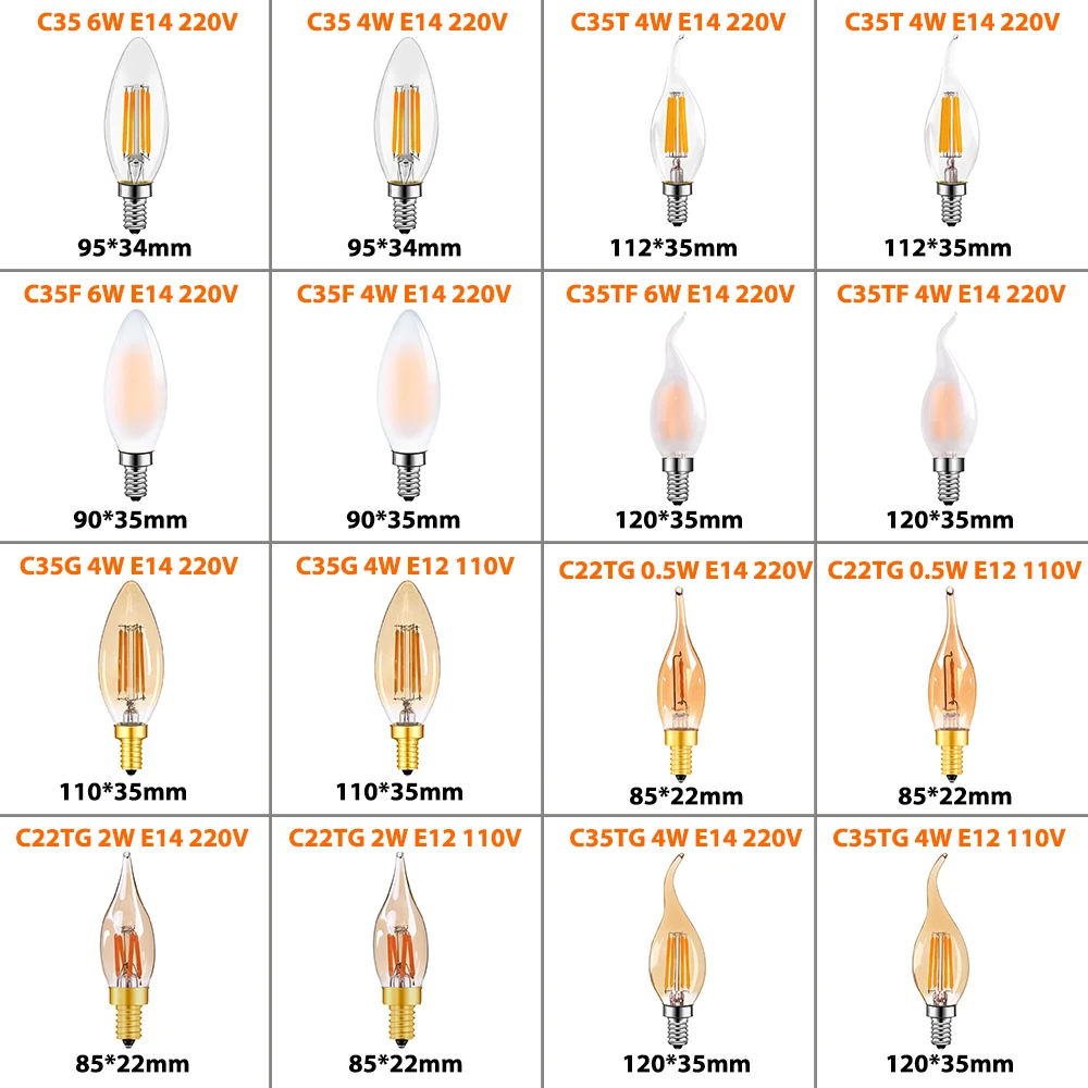 E14 Bulb Basee12/e14 Led Filament Candle Bulb 4w/6w Warm White 30000hrs  For Lava Lamps