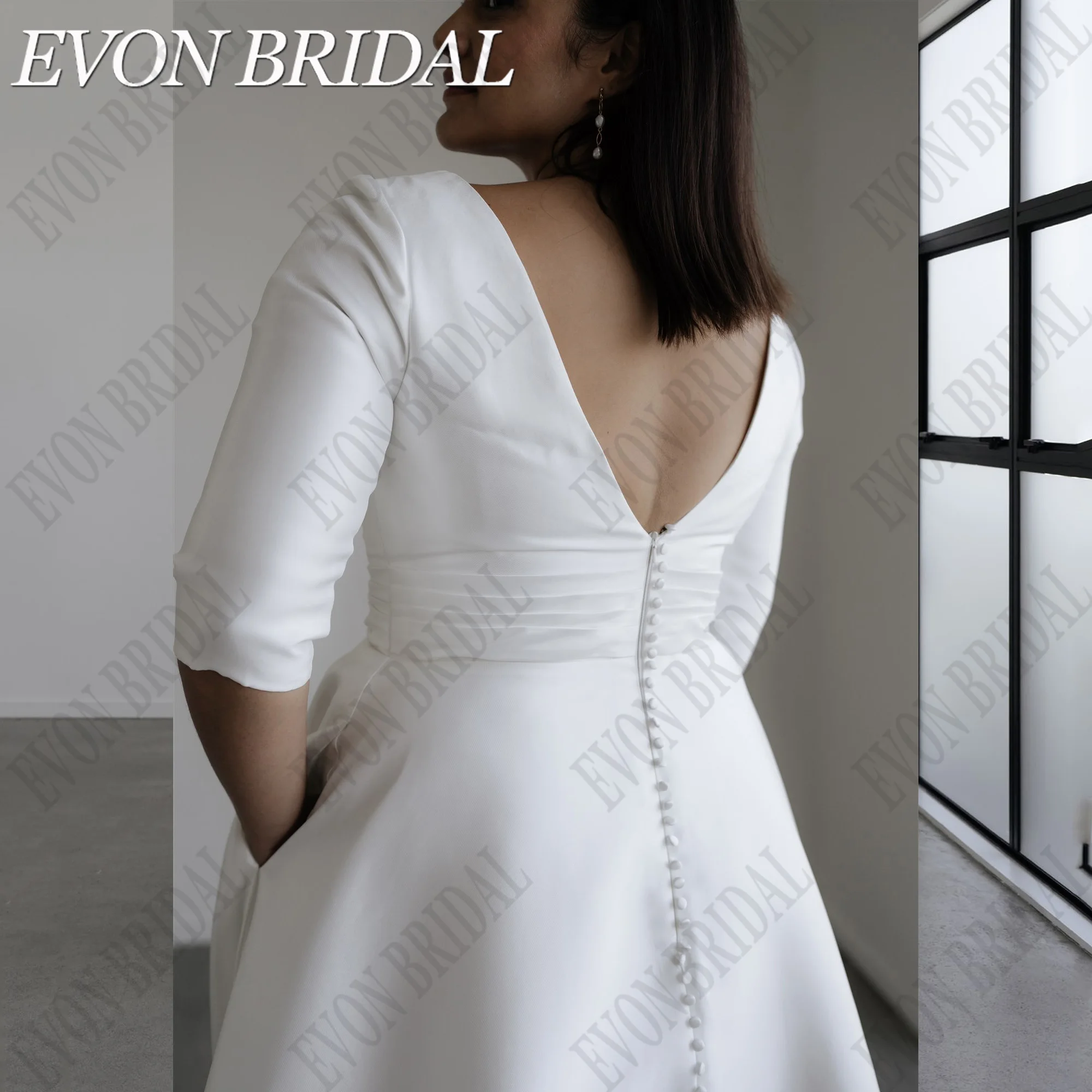 EVON BRIDAL Deep V-Neck Plus Size Wedding Dresses For 2024 Bride Backless 3/4 Sleeves Satin A-Line Custom Made Bride Gowns 2
