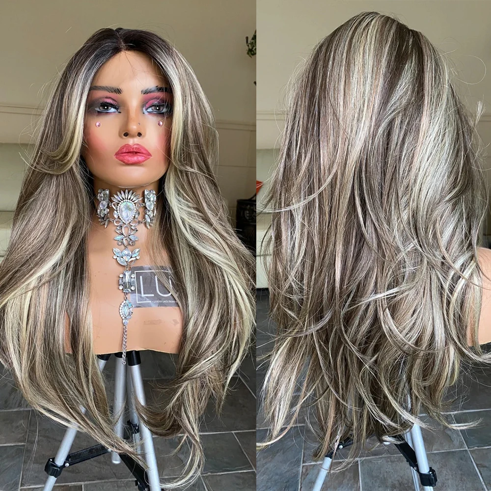 Ash Blonde Balayage Lace Front Wig Synthetic Blended Wigs Medium Brown Blonde Highlights 13X4 Lace Wig 26 inches Long Straight