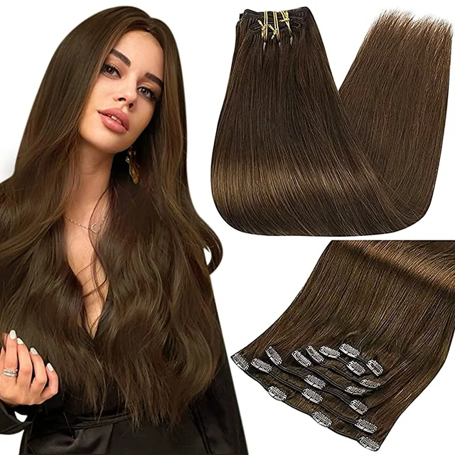 Full Shine Clip In Human Hair Extensions Balayage Ombre Blonde Black Hairpins 7pcs 120g Double Weft 100% Machine Remy For Woman 4 Medium Brown