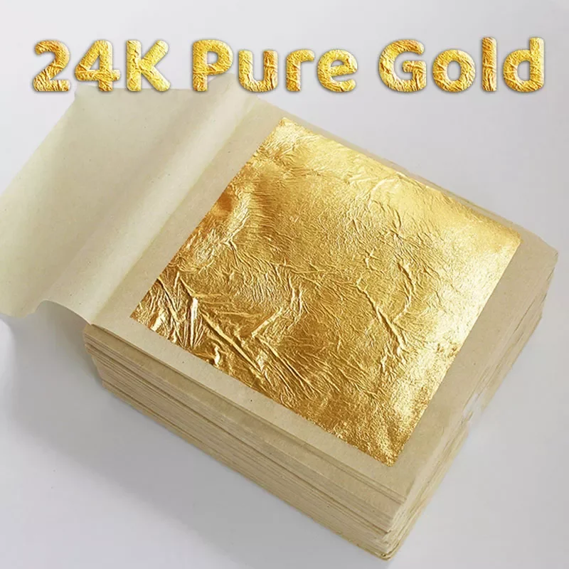 24K 10Pcs Gold Foil Pure Gold Leaf Sheets DIY Cake Decoration Arts Crafts Gilding Design Paper Party Gift Wrapping Scrapbooking