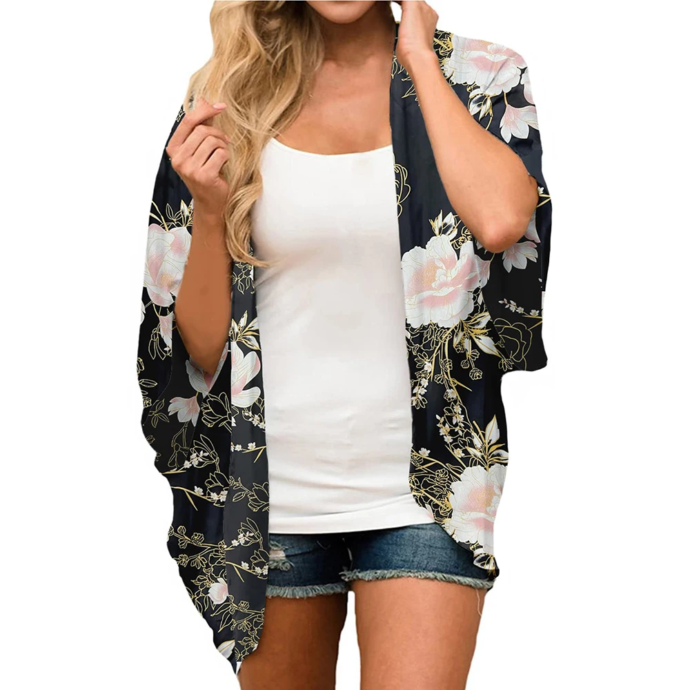 Women’s Tropical Printed Kimono – Summer Cover-Up, Flowy Open-Front Cardigan, Chiffon Blouse, Loose Fit Tops Safety Accessories Scarves & sarongs