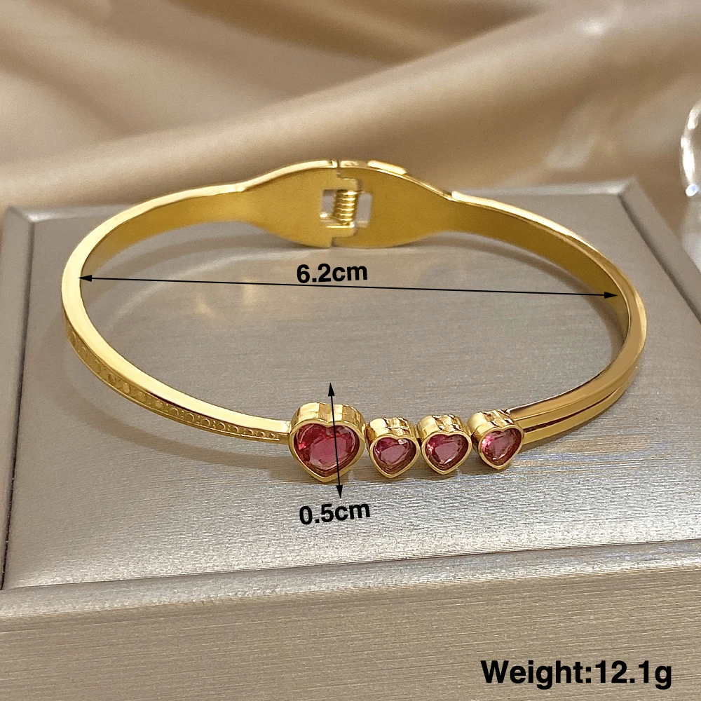 Elegant Pink Heart Rhinestone Stainless Steel Open Spring Bangle for Women Golden Waterproof Cuff Bracelet Festival Jewelry Gift 6