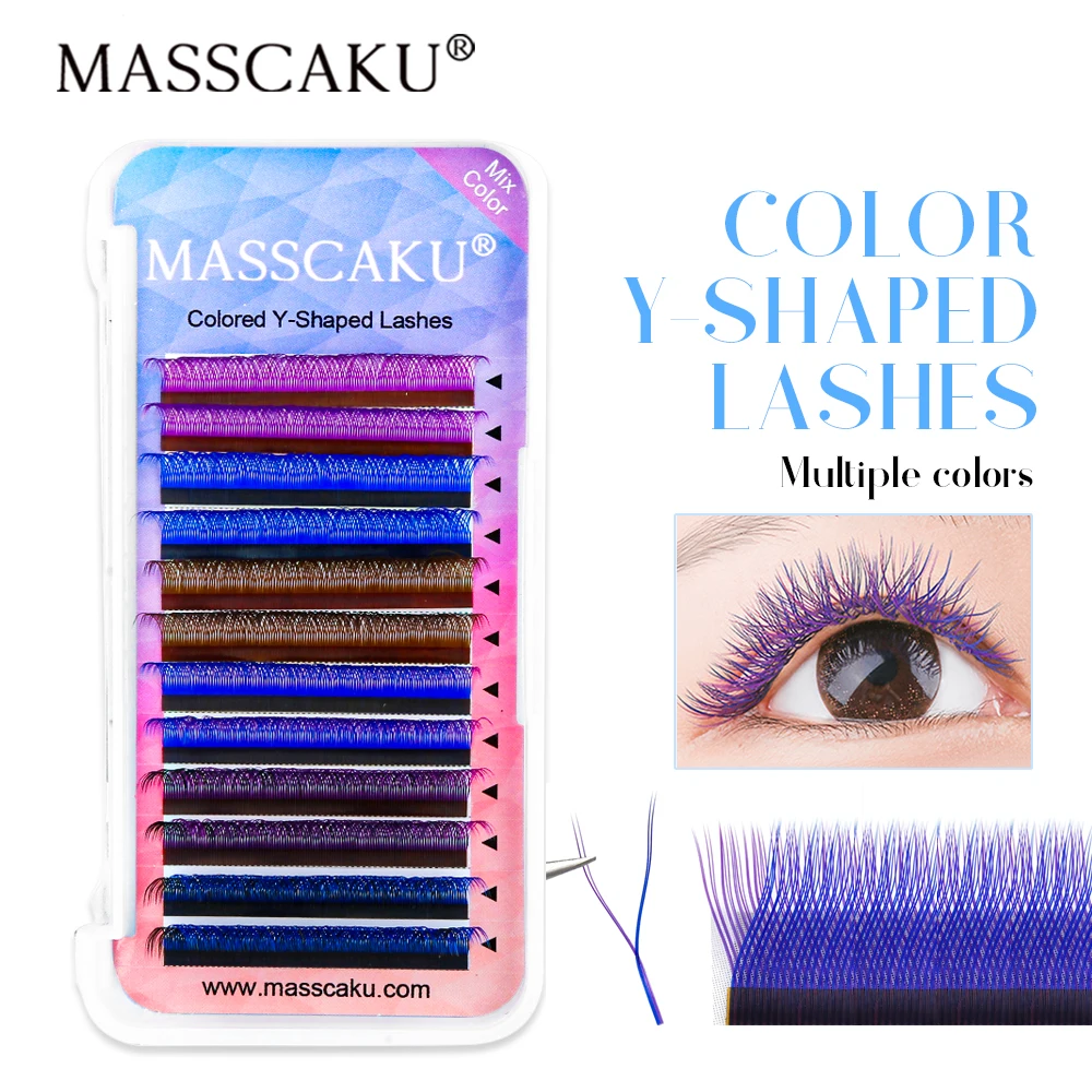 MASSCAKU Rainbow Color Y Style Double Tips Lashes Russian Premade Volume Fans Y Shape Hand Woven False Mink Eyelashes