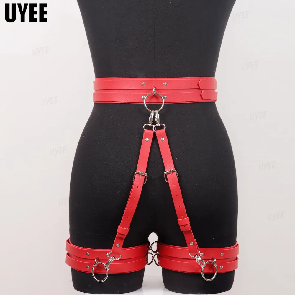 

UYEE Women Waist Harness Belt Bondage Corset Red Black PU Leather Thigh Band Leg Wraps Sexy Lingerie Gothic Garter Body Cage New