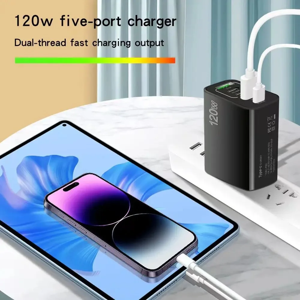 120W USB Charger 5 Ports Type C Fast Charging EU/US/UK Wall Charger Adapter For