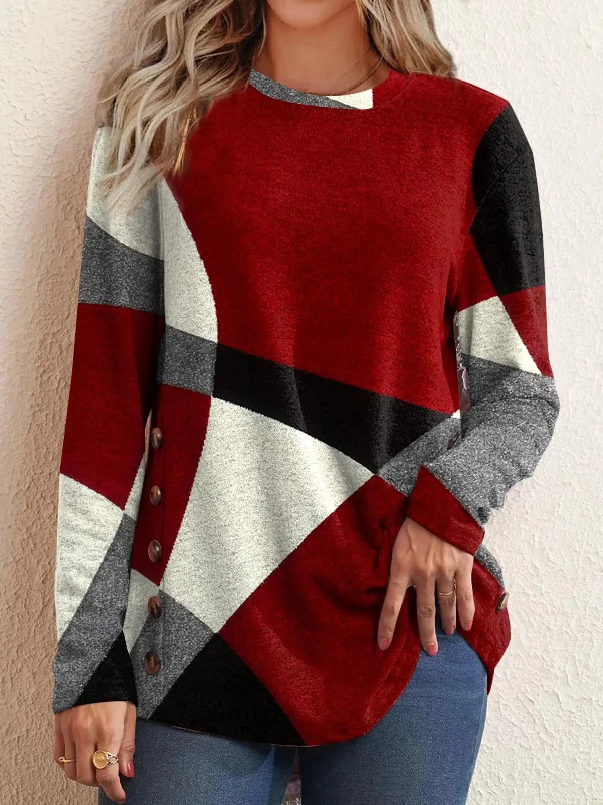 European and American Women Casual Color Block Long Sleeve Buttons Top Dressy Casual Geometric Tunic Tops Crewneck T761_voghion.com