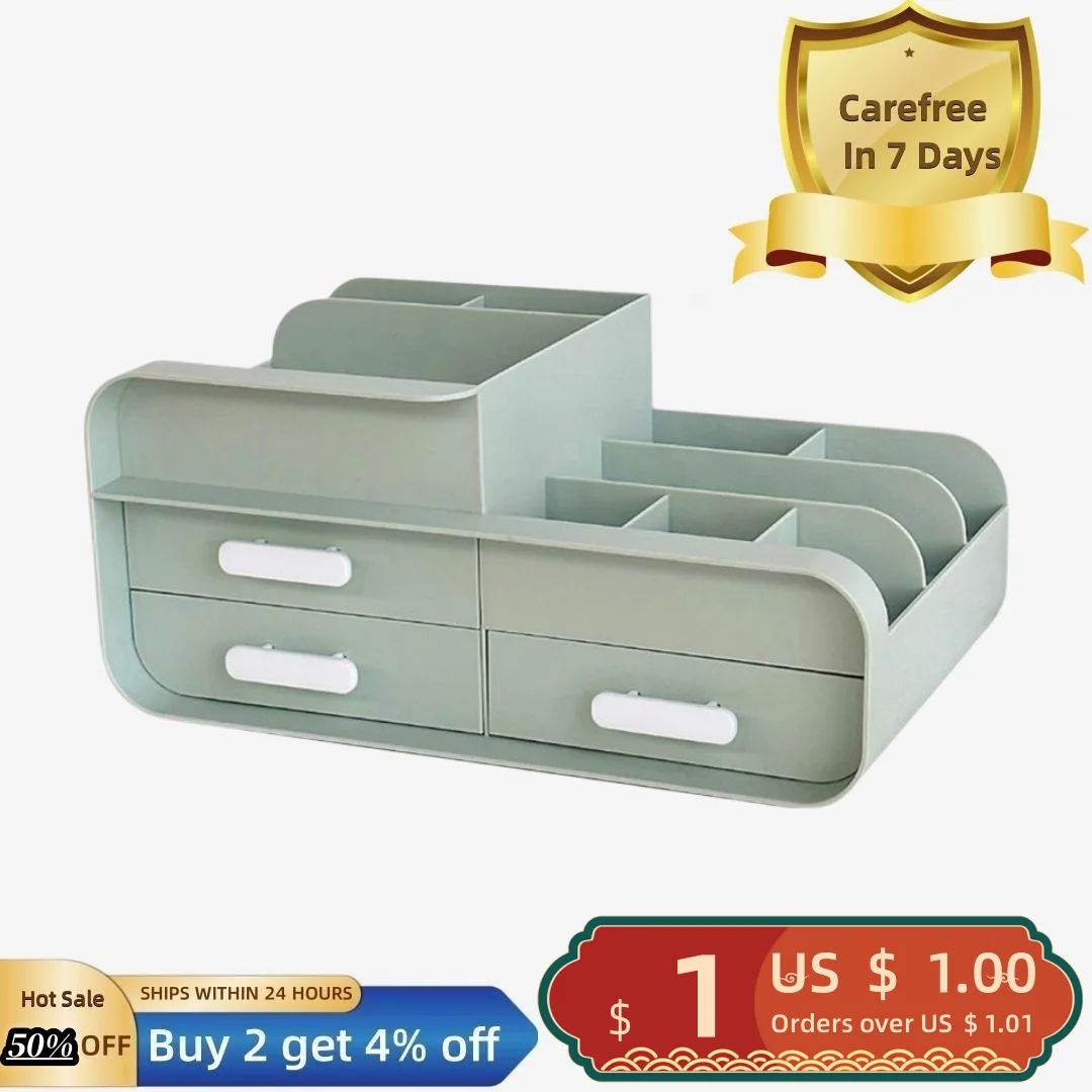 

Desktop Storage Box with Drawers Gridded Classify Storing 3-drawer Design Dressing Table Cosmetic Storage Case for Household