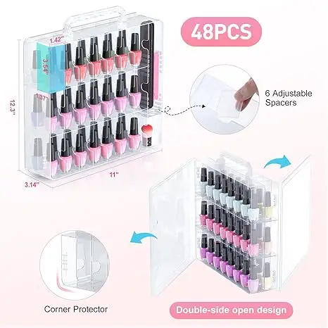 48-Bottle Transparent Nail Polish Organizer. Features an Adjustable Divider and Double-Side Design. Ideal for Gel Nail Polish 3