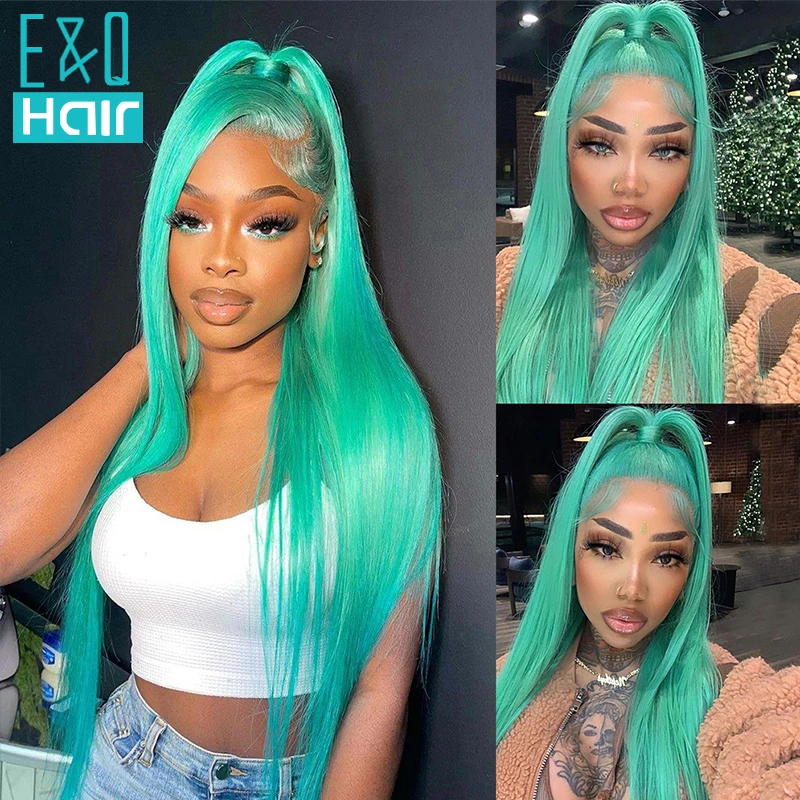 

T Part Mint Green Colored Frontal Wigs Brazilian Virgin Glueless on Sale For Women Transparent 13X4 HD Lace Front Wig Preplucked