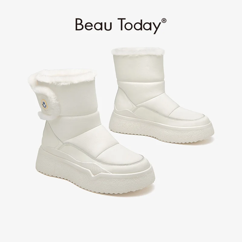 BeauToday 스노우 부츠 여성  소 가죽 라운드 토 청키 후크 &amp; 루프 플랫폼, 겨울 숙녀 신발 수제 08302