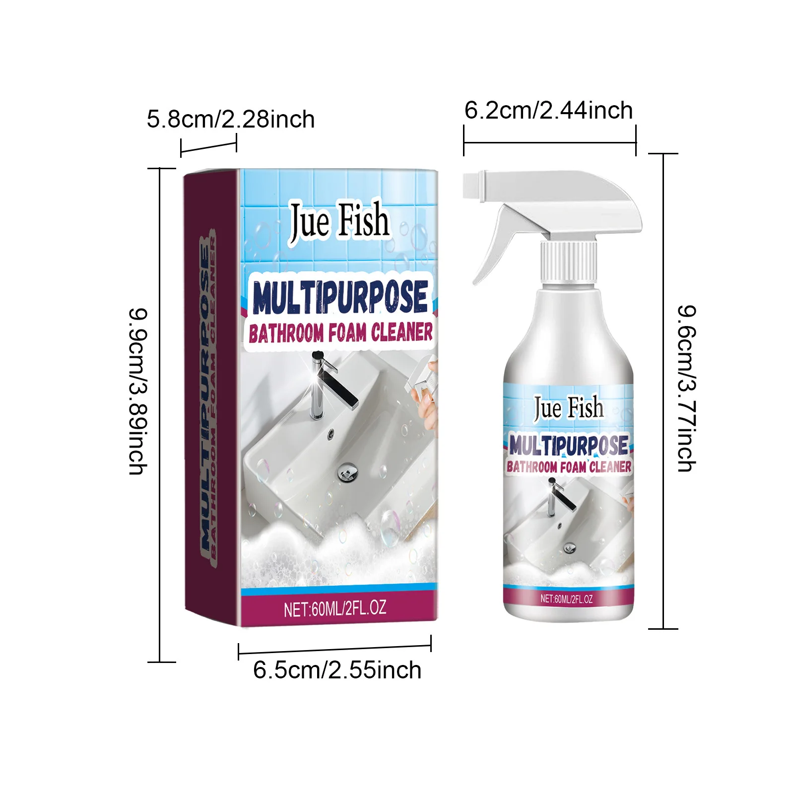 Jue Fish 60ml Bathroom Descaling Agent Toilet Shower Foam Cleaner Stain Scum Remover Fresh Fragrance Bathtub Dirt Remover Spray