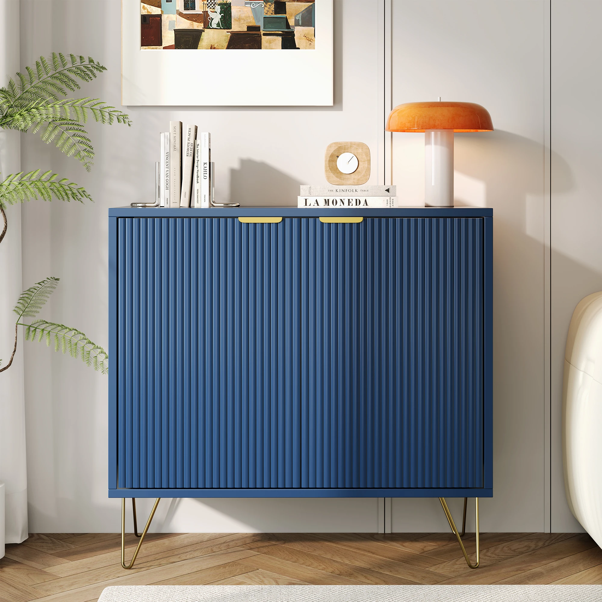 Superaly 80×40×78cm Sideboard mit Doppeltüren, Aufbewahrungsmöbel, Küchenschrank mit goldfarbenen Beinen und zweistufigen Regalen – Detail 3