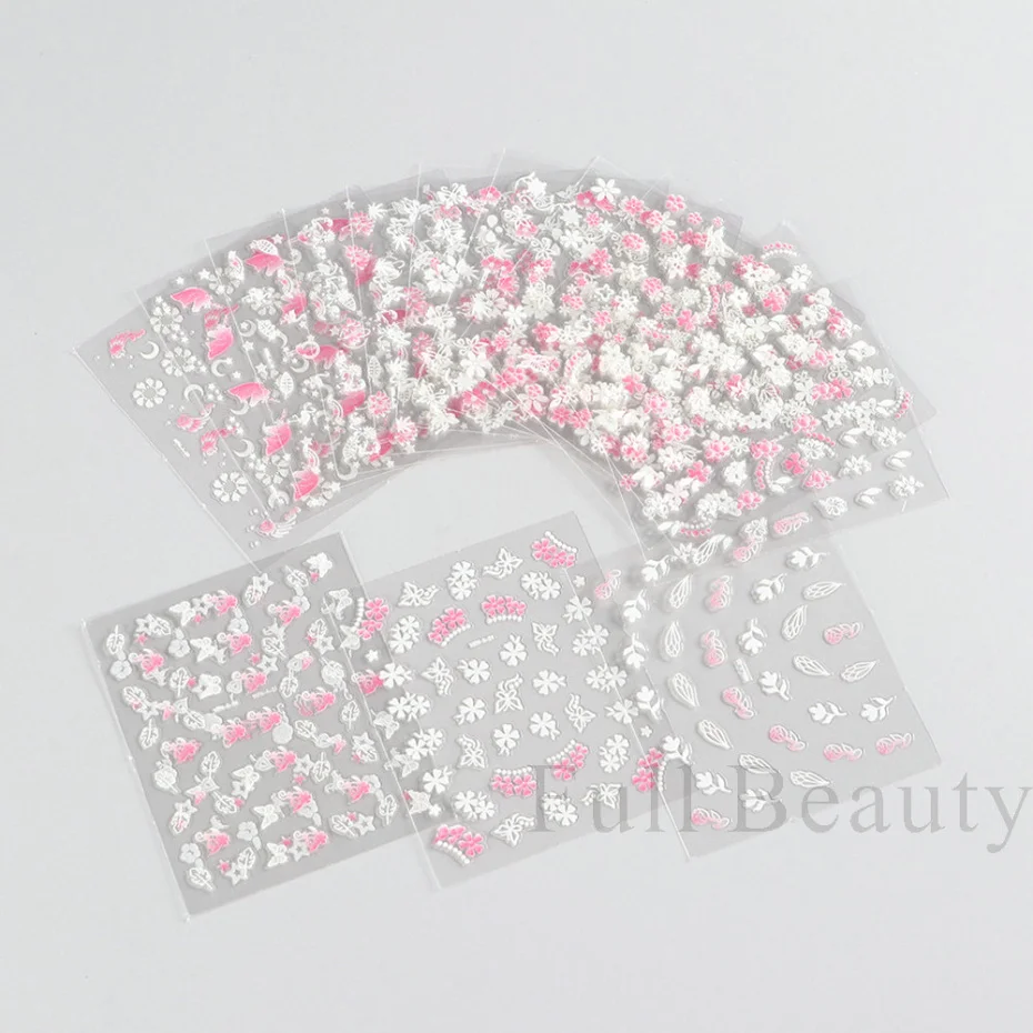 30Pcs 핑크 화이트 꽃 네일 스티커 세트 사쿠라 체리 귀여운 꽃 데칼 하트 문 나비 슬라이더 네일 참 LA3D30set-01