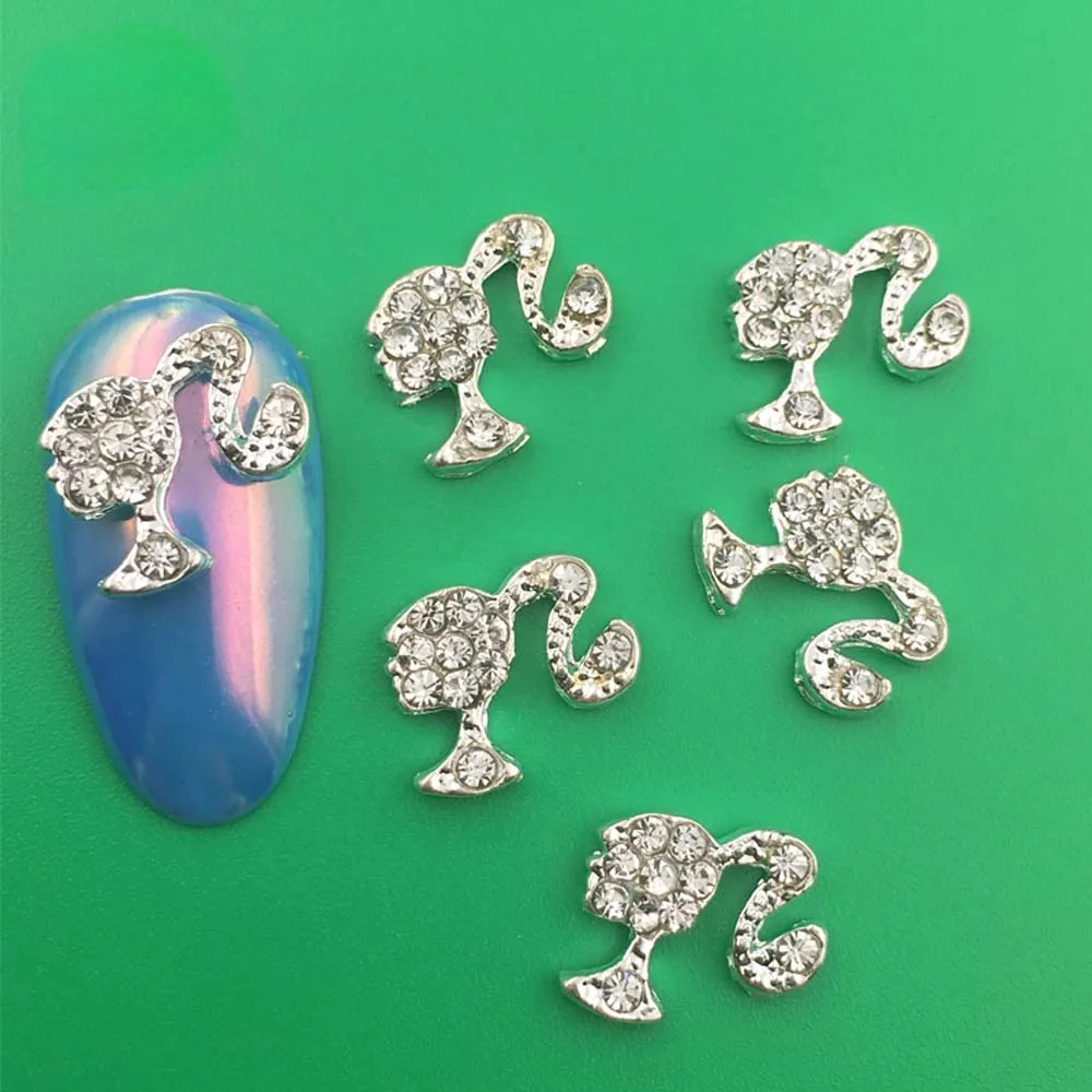 10Pcs Kawaii Ponytail Girl Nail Art Charms 3D Alloy Gold Silver Glitter  Diamond Rhinestone Nail Decoration DIY Nail Accessories