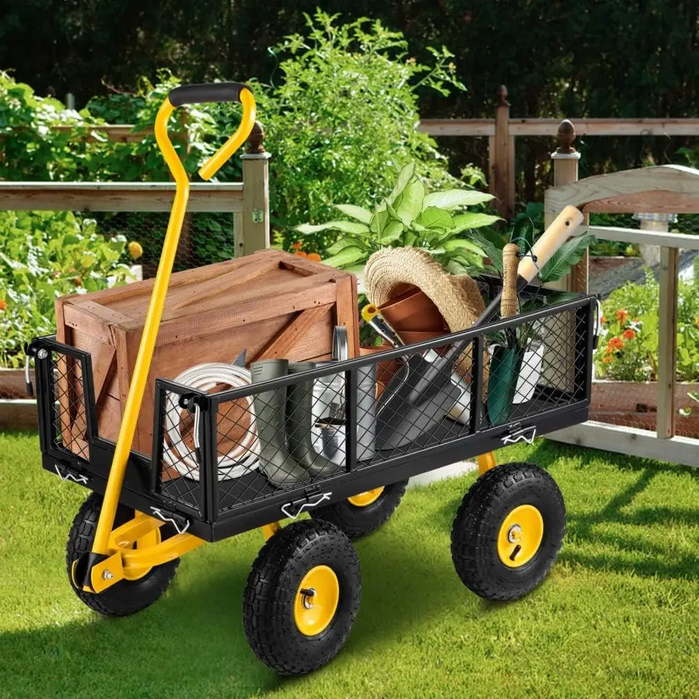 Steel Garden Cart 680 lbs Heavy Duty Garden Wagons with Removable Steel Mesh Sides Utility with 180&deg; Rotating Handle Metal Wagon