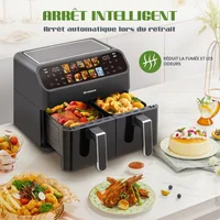 Friteuse à air chaud sans huile à double panier de 9 L avec fenêtre, friteuse électrique à air chaud avec minuterie, friteuse numérique de taille familiale pour usage domestique, 10 programmes automatiques avec écran tactile LED, 2 compartiments indépendants de 4,5 L, taille four familial 2