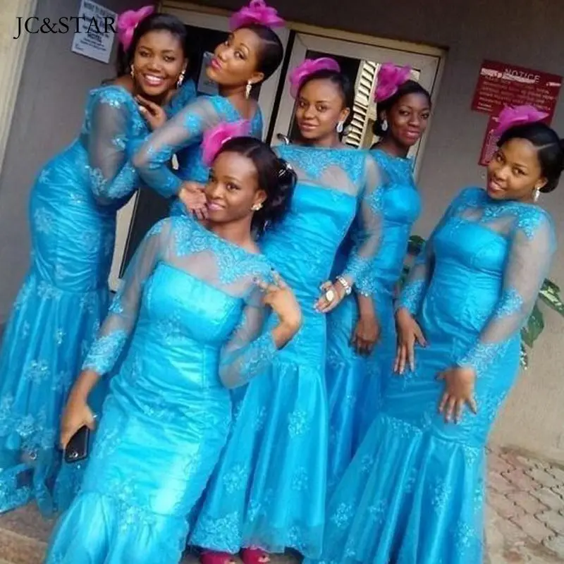 

Turquoise Bridesmaid Dresses Mermaid Lace Long Sleeve For African Vestido Longo Festa De Casamento Sexy Tenue Mariage Civil Femm