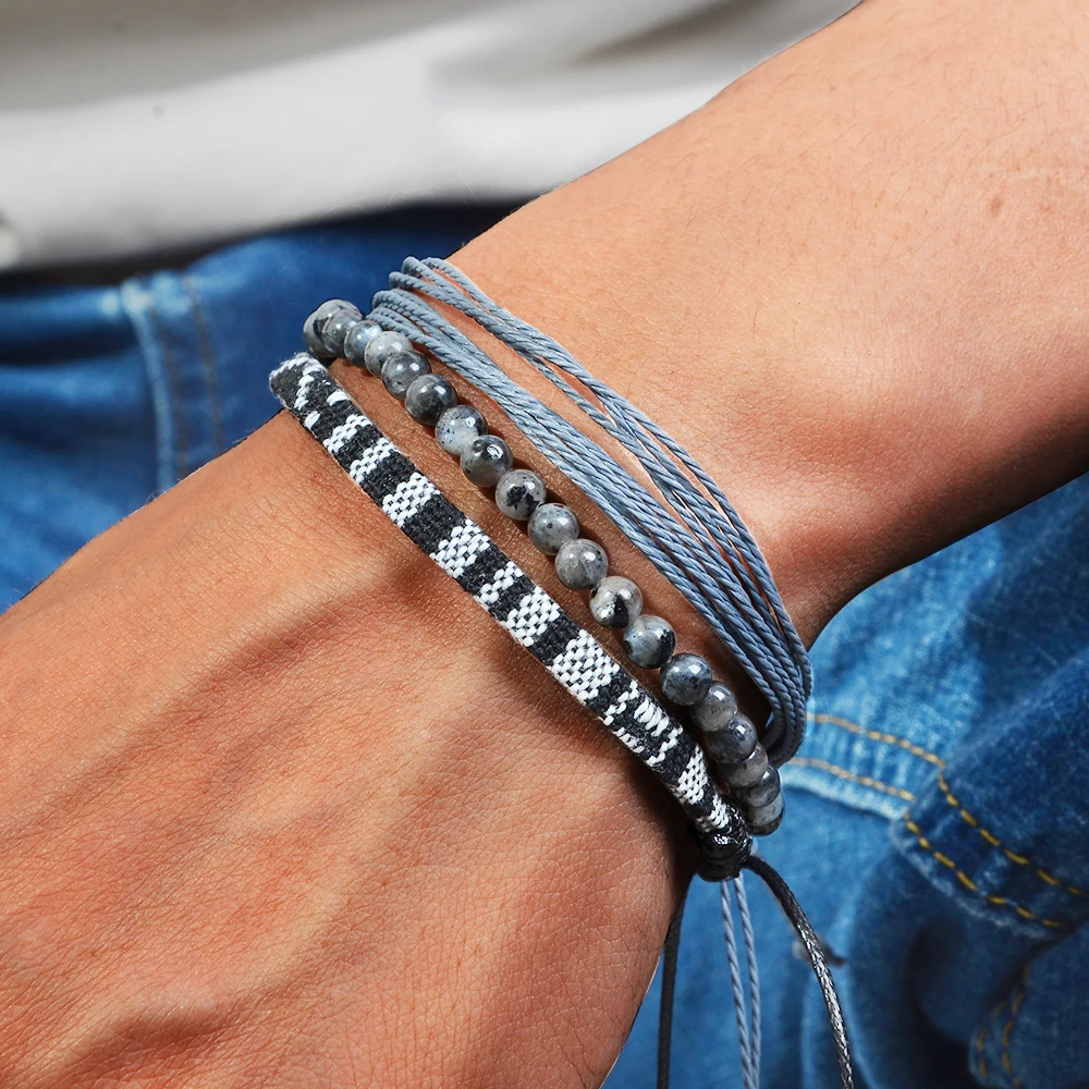 Men's braided bracelet set 3 pcs natural stone couple's bohemian ethnic cotton and linen hand-woven