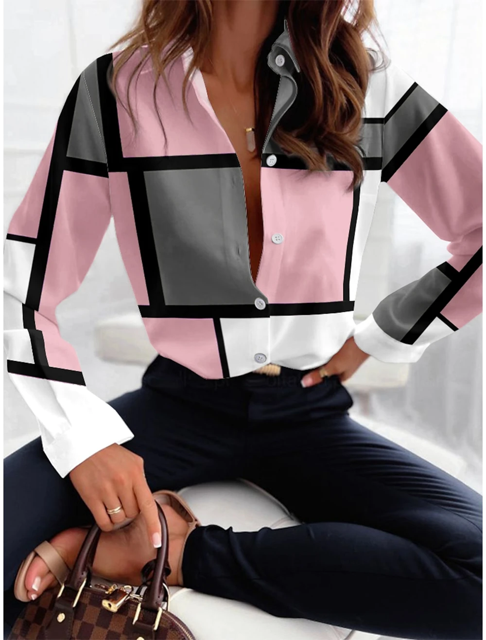 New Women's Shirt Blouse Plaid Pink Blue Purple Print Button Long Sleeve Casual Fashion Shirt Collar Regular Fit Spring & Fall blouses lace splicing hollow out blouse in blue size s