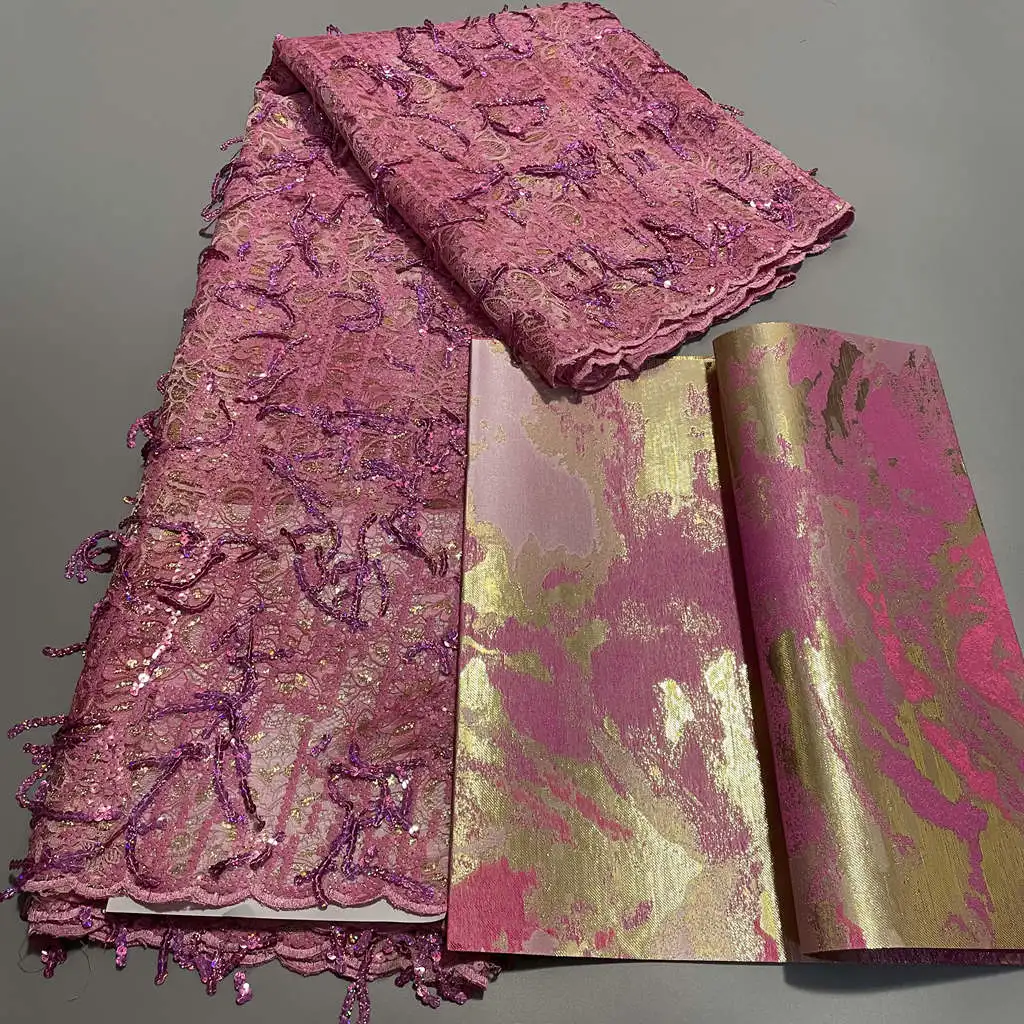 Nigerian Sequins Pink Lace Fabric African Guipure French Lace Material 5Yards With 3D Sego Headtie Wrap 2PCS