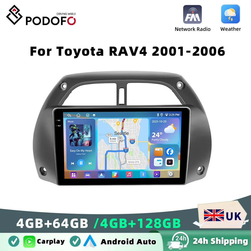 Podofo 4GB+64GB 9 Inch Car Radio Wireless Carplay Android Auto Audio Stereo Mirror Link For Toyota RAV4 2001-2006 GPS BT FM RDS