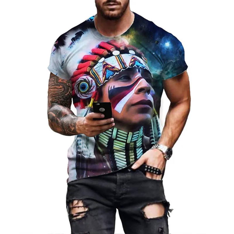 

Summer Men Retro Indian Sketch graphic t shirts 3D Fashion Casual Personality vintage t shirt Street Style Print O-neck Tees Top