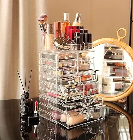 Set of 4 clear stackable organizers. 11 drawers total for cosmetics or skincare. Vanity-friendly design. 4